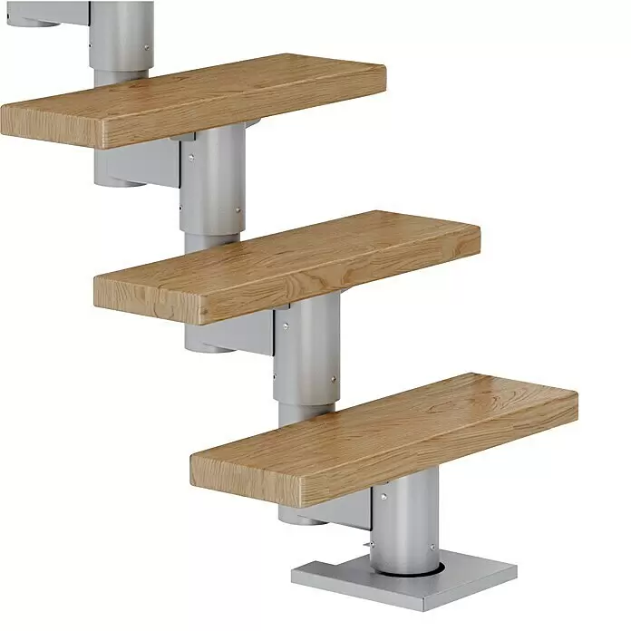 Dolle Mittelholmtreppe Dublin - Breite: 75 cm, Perlgrau, Gerade, Farbe Stufen: Eiche Natur, Geschosshöhe: 222 cm - 270 cm, Edelstahlgeländer - Modulare Treppe mit drei hellen Holzstufen und silbernem Metall-Mittelpfosten.