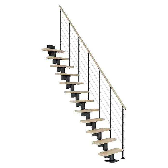 Dolle Mittelholmtreppe Dublin - Breite: 65 cm, Anthrazitgrau, Gerade, Farbe Stufen: Buche Natur, Geschosshöhe: 278 cm - 337 cm, Edelstahlgeländer - Moderne offene Treppe mit hellen Holzstufen, dunklem Metallrahmen und Seilgeländer mit Holzhandlauf.