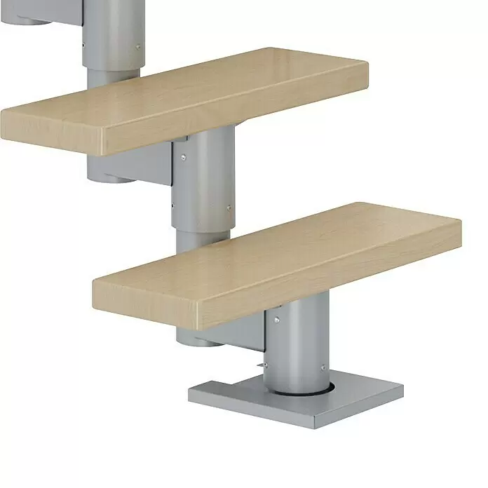 Dolle Mittelholmtreppe Dublin - Breite: 65 cm, Perlgrau, Gerade, Farbe Stufen: Ahorn Natur, Geschosshöhe: 222 cm - 270 cm, Einzelstabgeländer - Modulare Treppenstufen aus hellem Holz mit silbergrauen Metallstützen für eine anpassbare Treppe.