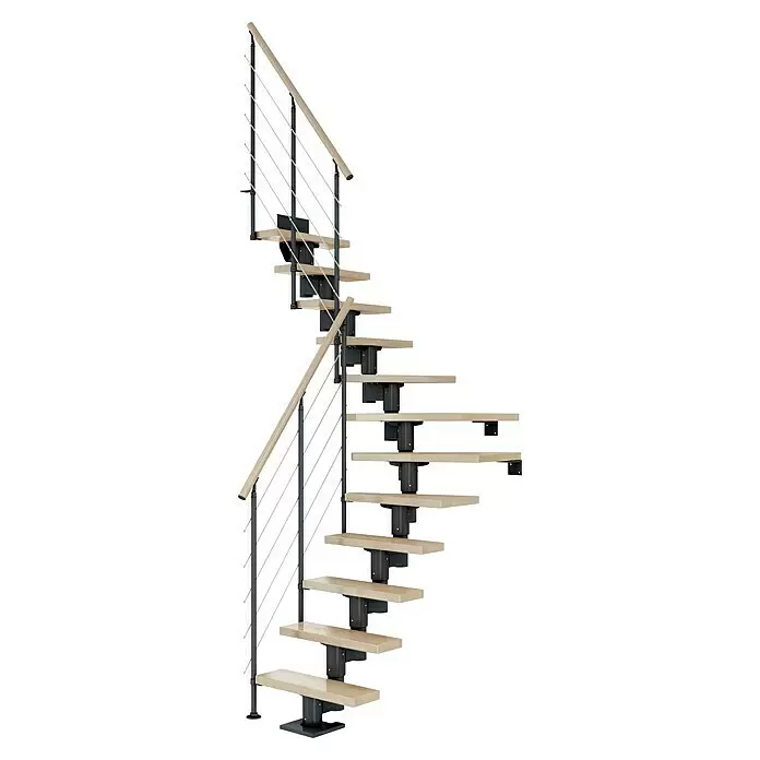 Dolle Mittelholmtreppe DublinBreite: 65 cm, Anthrazitgrau, 1/4-gewendelt, Farbe Stufen: Buche Natur, Geschosshöhe: 278 cm - 337 cm, Edelstahlgeländer