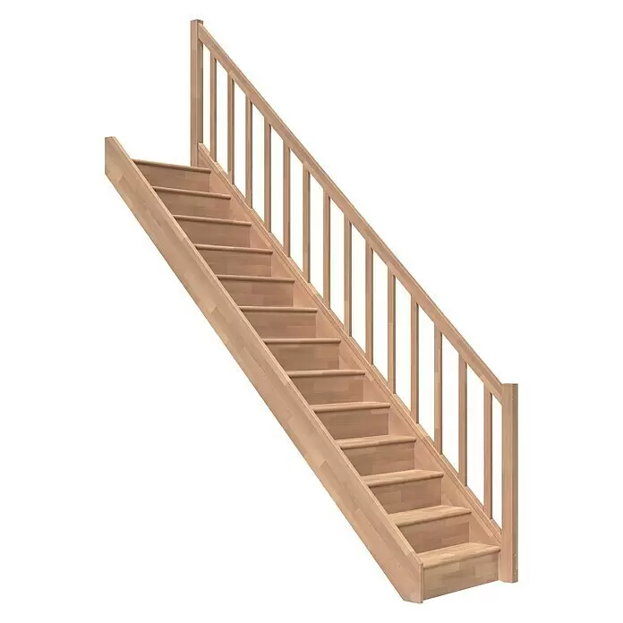 Dolle Raumspartreppe Paris - Breite: 83,5 mm, Buche, Unbehandelt, Geschosshöhe: 280,5 cm, Gerade, Rechteckstäbe Holz, Mit Setzstufen - Helle Holztreppe mit Geländer.