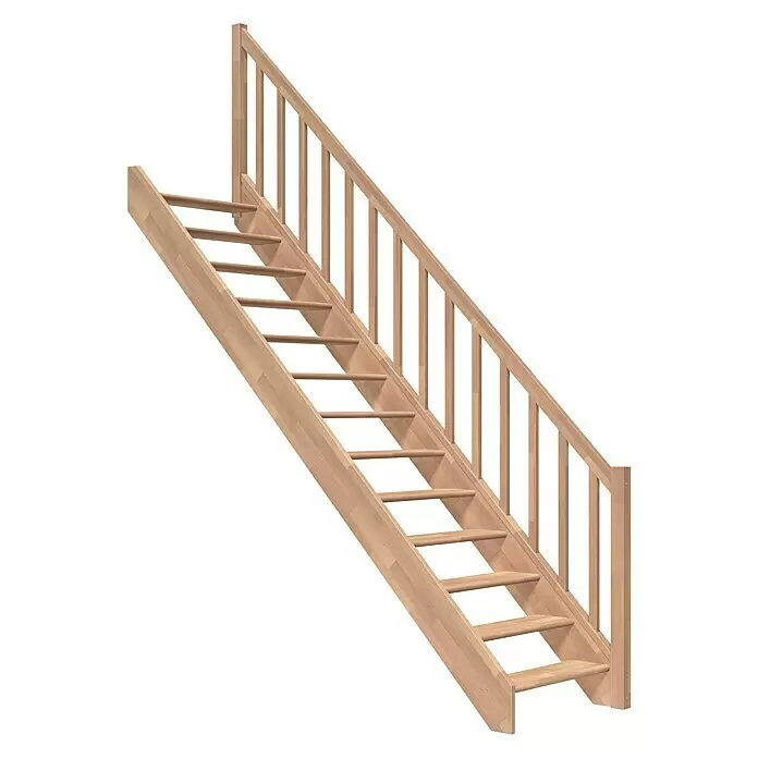 Dolle Raumspartreppe Paris - Breite: 83,5 mm, Buche, Unbehandelt, Geschosshöhe: 280,5 cm, Gerade, Rechteckstäbe Holz, Ohne Setzstufen - Eine gerade, helle Holztreppe mit Geländer.
