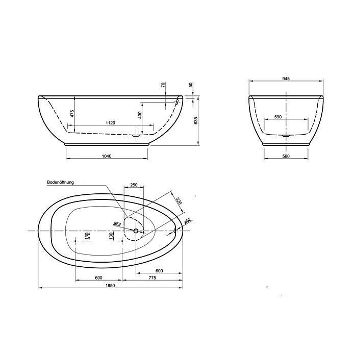 Ottofond Freistehende Badewanne Crystal185 x 95 cm, Sanitäracryl, Weiß Unknown