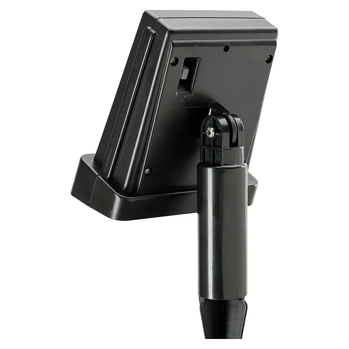 BAUHAUS Solar-Erdspieß - L x B x H: 14 x 12 x 31 cm, Schwarz, IP44, 50 lm - Nahaufnahme einer schwarzen Solarleuchte mit Ein/Aus-Schalter und verstellbarer Halterung, ideal für Garten und Wegbeleuchtung.