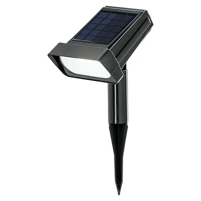 BAUHAUS Solar-Erdspieß - L x B x H: 14 x 12 x 31 cm, Schwarz, IP44, 50 lm - Solarbetriebene Gartenleuchte mit Erdspieß. Die Lampe verfügt über ein Solarpanel und strahlt helles Licht ab.