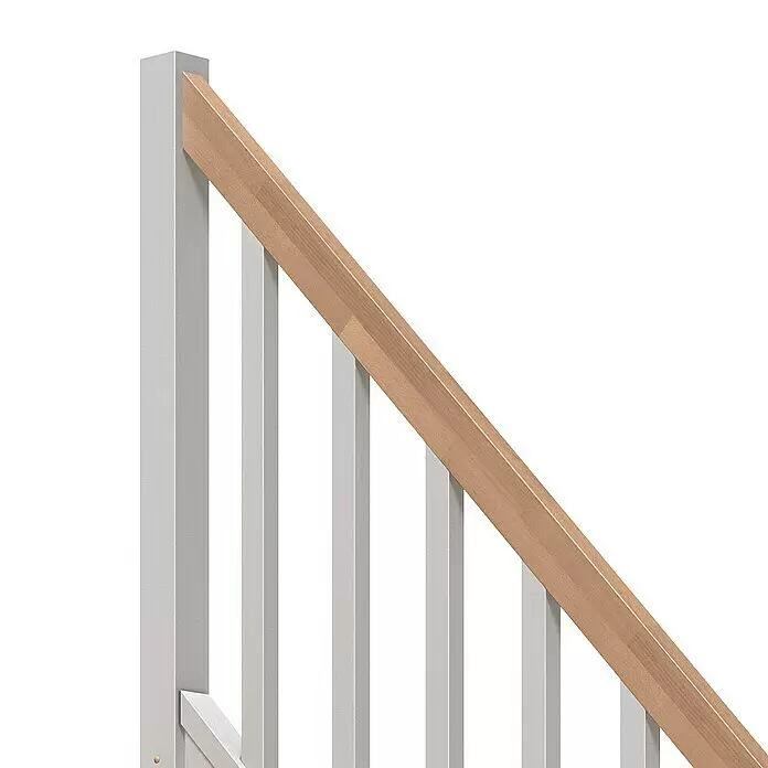 Dolle Raumspartreppe Paris - Breite: 83,5 mm, Buche, Weiß, Natur, Lackiert, Geschosshöhe: 280,5 cm, Gerade, Rechteckstäbe Holz, Ohne Setzstufen - Moderne Treppe mit hellem Holzhandlauf und grauen vertikalen Balustern und Pfosten.