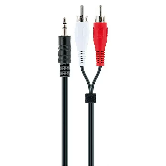 Schwaiger Adapterkabel - 3 m, 2 x Cinch-Stecker, 1 x Klinkenkupplung 3,5 mm, Schwarz, Weiß/Rot - Detailaufnahme