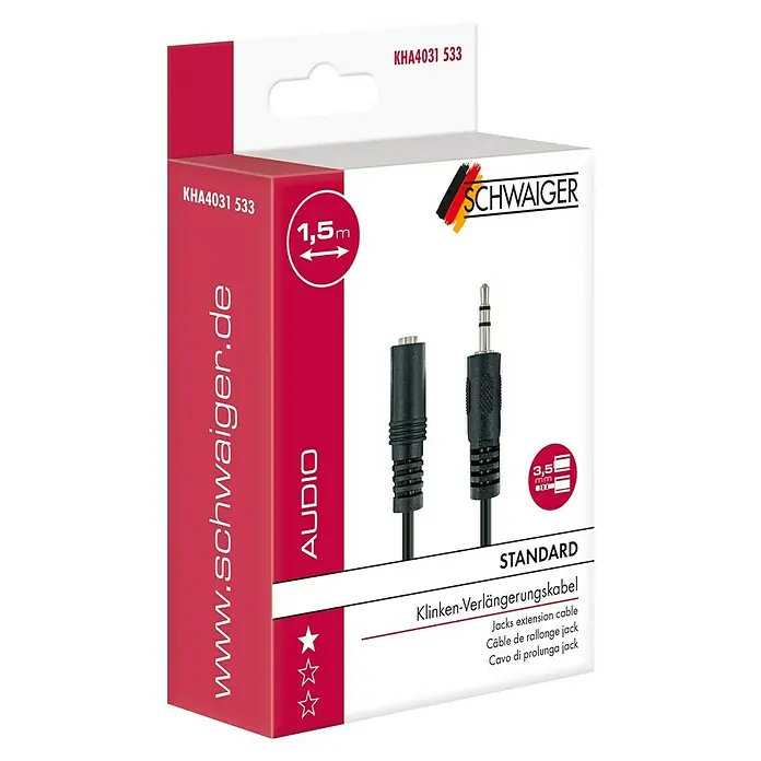 Schwaiger Audio-Verlängerungskabel - Klinkenstecker 3,5 mm, Länge: 1,5 m - Verpackung eines schwarzen 3,5-mm-Klinkenverlängerungskabels von Schwaiger mit einer Länge von 1,5 m.