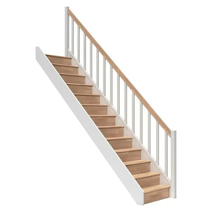 Dolle Raumspartreppe Paris - Breite: 83,5 mm, Buche, Weiß, Natur, Lackiert, Geschosshöhe: 280,5 cm, Gerade, Rechteckstäbe Holz, Mit Setzstufen - Holztreppe mit hellen Holzstufen und Handlauf, weißen Setzstufen und Geländerstäben.