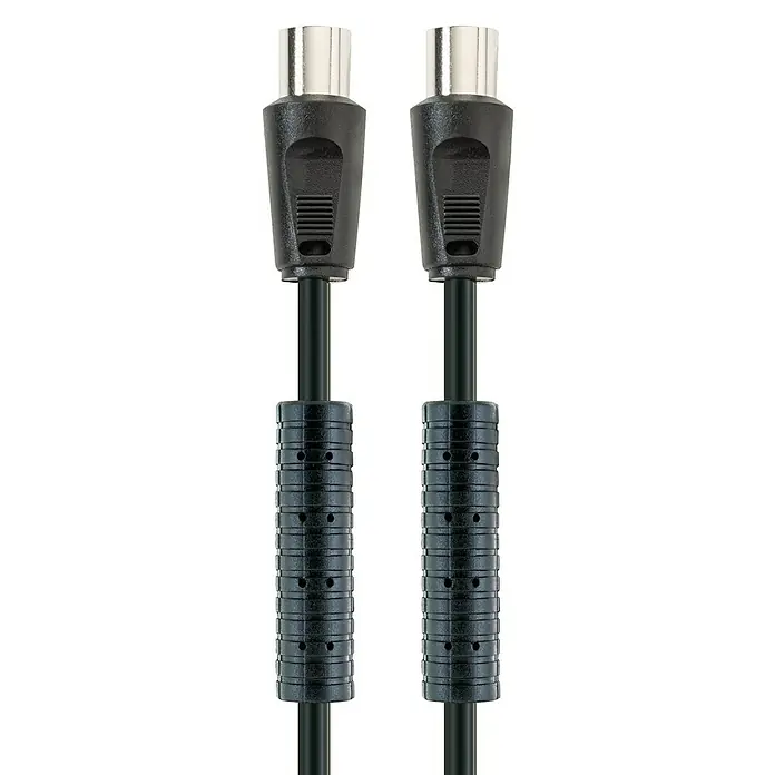 Schwaiger Antennen-Anschlusskabel - 3 m, Schwarz, 90 dB, IEC-Stecker, IEC-Buchse - Zwei MIDI-Kabel mit schwarzen Steckern und Kabeln. Ideal für Musikproduktion und elektronische Geräte.
