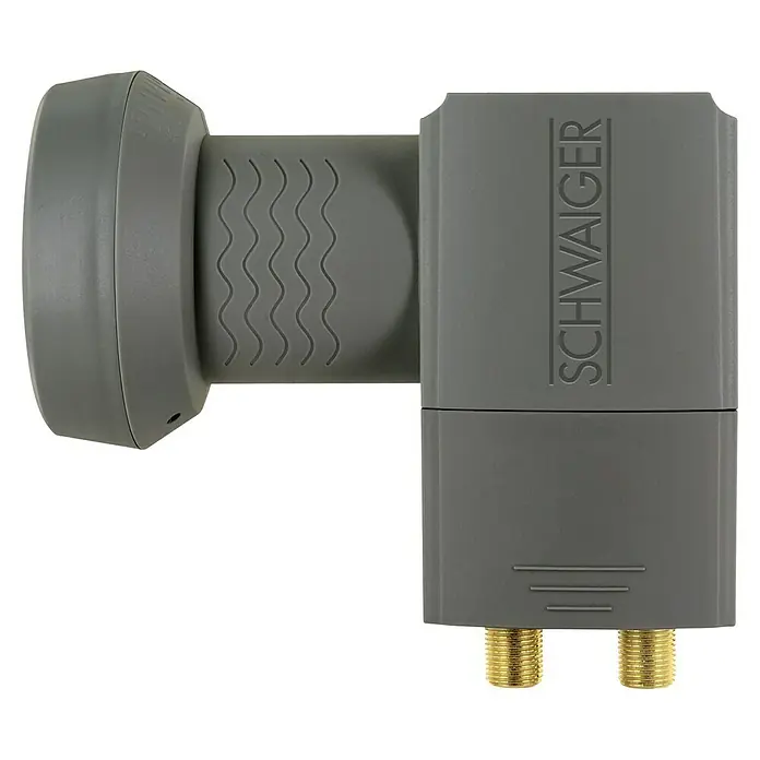 Schwaiger Twin-LNB SUN PROTECT - 40 mm, Anthrazit - Das Bild zeigt einen grauen Satellitenempfänger der Marke Schwaiger mit zwei goldenen Anschlüssen auf schwarzem Hintergrund.