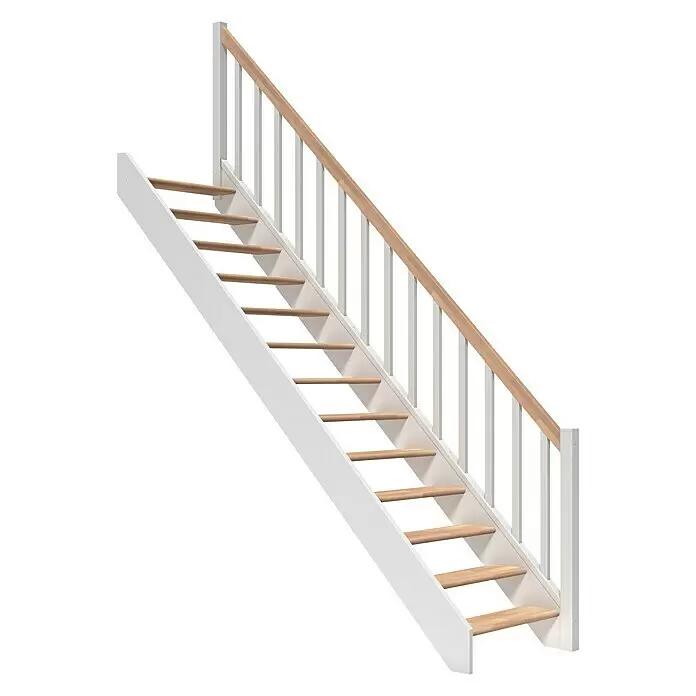 Dolle Raumspartreppe Paris - Breite: 83,5 mm, Buche, Weiß, Natur, Lackiert, Geschosshöhe: 280,5 cm, Gerade, Rechteckstäbe Holz, Ohne Setzstufen - Weiße Treppe mit hellen Holzstufen und Handlauf, mit weißen Geländerstäben.