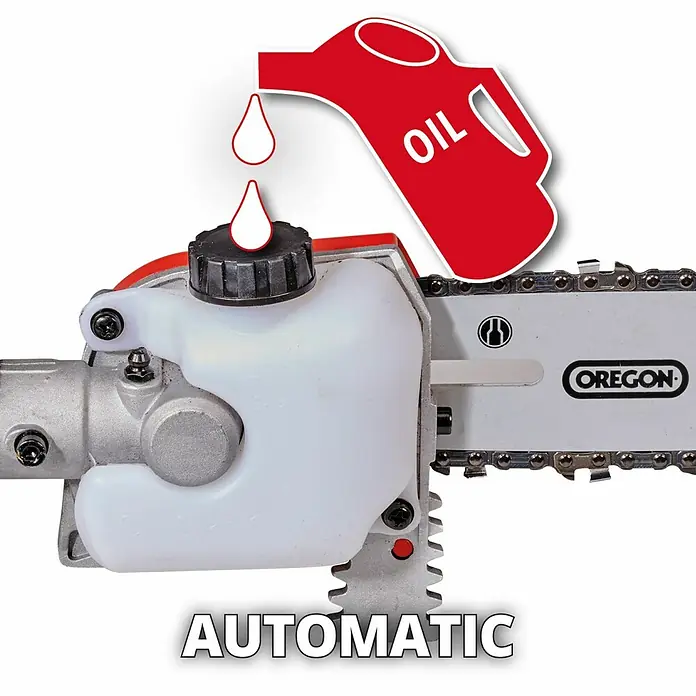 Einhell Cortasetos eléctrico GC-HC 90/2046 T - 900 W - Lubricación automática de aceite para motosierras. La motosierra se suministra automáticamente con aceite, lo que simplifica el mantenimiento y prolonga la vida útil.