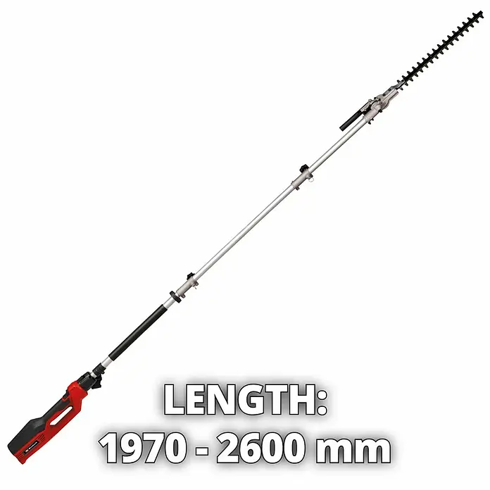 Einhell Cortasetos eléctrico GC-HC 90/2046 T - 900 W - Imagen de un cortasetos telescópico inalámbrico con una longitud de 1970-2600 mm, ideal para setos altos.
