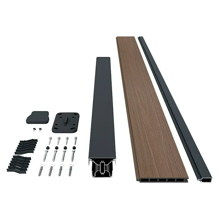 Dioco Valla Smartwall - An x Al: 177 x 100 cm, Marrón/Antracita, Madera - Componentes de la cubierta, incluidos tornillos, base, soporte y tableros, proporcionando todos los elementos esenciales para construir una cubierta exterior robusta.
