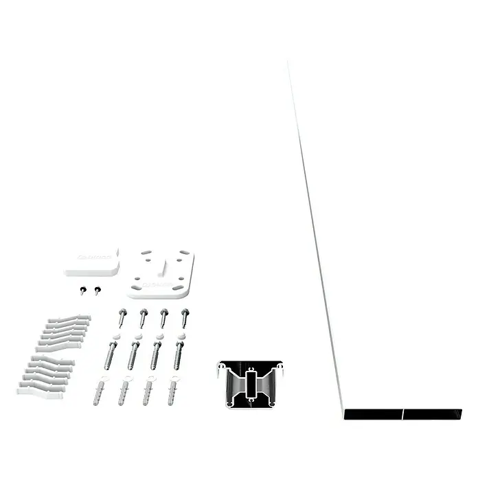 Dioco Valla Smartwall - An x Al: 177 x 100 cm, Blanco, Aluminio - Imagen del producto que muestra varios componentes de valla blancos, incluidos postes, tapas y material de montaje.