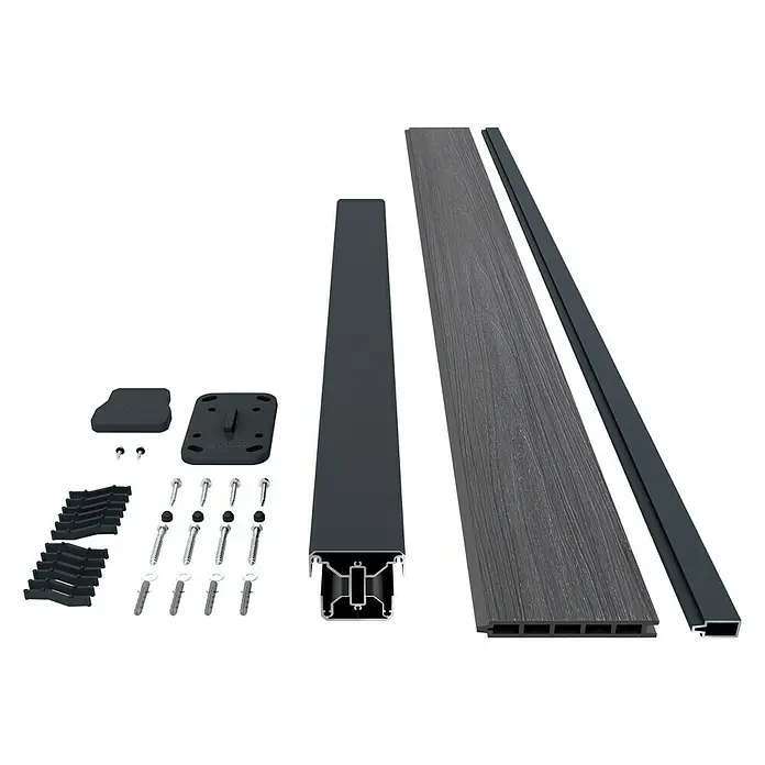 Dioco Valla Smartwall - An x Al: 177 x 100 cm, Antracita, Madera - La imagen muestra un conjunto de componentes de terraza en varias tonalidades de gris, incluyendo tornillos y fijaciones.