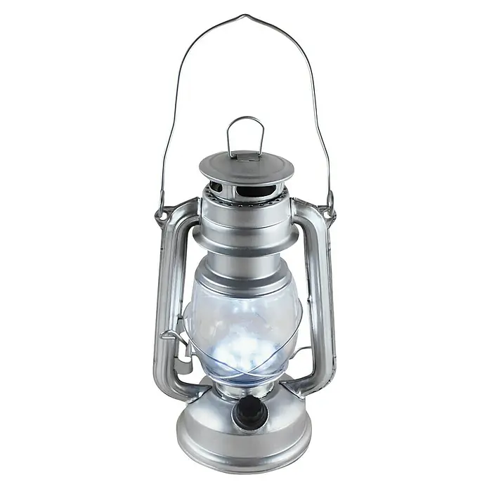 Lámpara de camping linterna Silver - 12 x 15 x 24 cm - Linterna plateada con iluminación LED, ideal para camping o como luz decorativa.