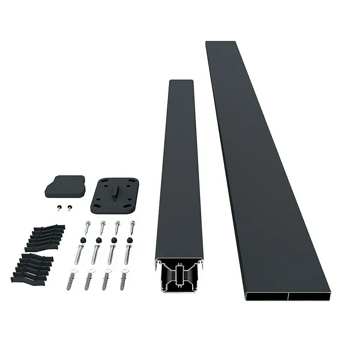 Dioco Valla Smartwall - An x Al: 177 x 100 cm, Antracita, Aluminio - La imagen muestra un conjunto de accesorios para terrazas, incluyendo perfiles, conectores y fijaciones para una instalación segura.
