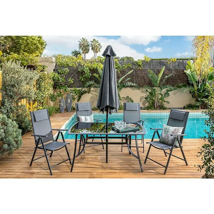 Sillón de posiciones Donavan - An x Pr x Al: 72 x 55 x 107 cm, Antracita - Conjunto de muebles de jardín con mesa, sillas y sombrilla. Ideal para relajarse al aire libre. Diseño elegante para tu jardín o terraza.