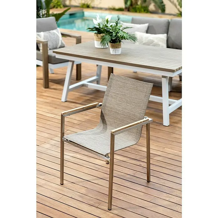 Silla de jardín Betty - An x Pr x Al: 55 x 56 x 86 cm, Beige, Acero/Textiline - Esta silla de jardín con reposabrazos y una robusta tapicería textil ofrece comodidad y estilo para su zona exterior.