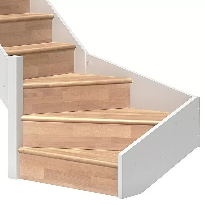 Dolle Raumspartreppe Paris - Breite: 83,5 mm, Buche, Lackiert, Geschosshöhe: 318 cm, 1/4-gewendelt links, Rechteckstäbe Holz, Mit Setzstufen - Holztreppe mit hellen Stufen und weißen Wangen.
