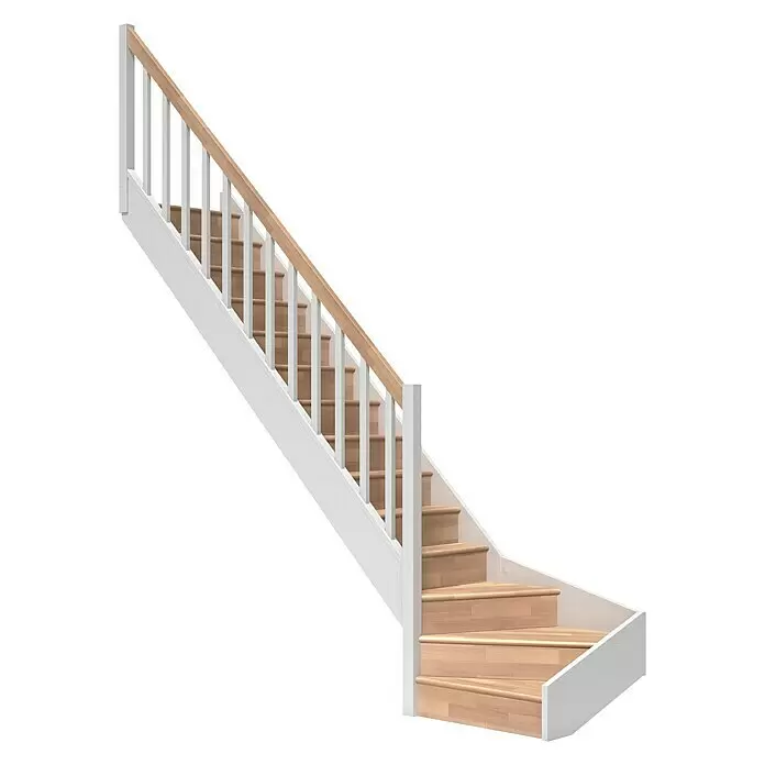 Dolle Raumspartreppe Paris - Breite: 83,5 mm, Buche, Lackiert, Geschosshöhe: 318 cm, 1/4-gewendelt links, Rechteckstäbe Holz, Mit Setzstufen - Weiße Treppe mit hellen Holzstufen und Handlauf, unten mit Viertelpodest.