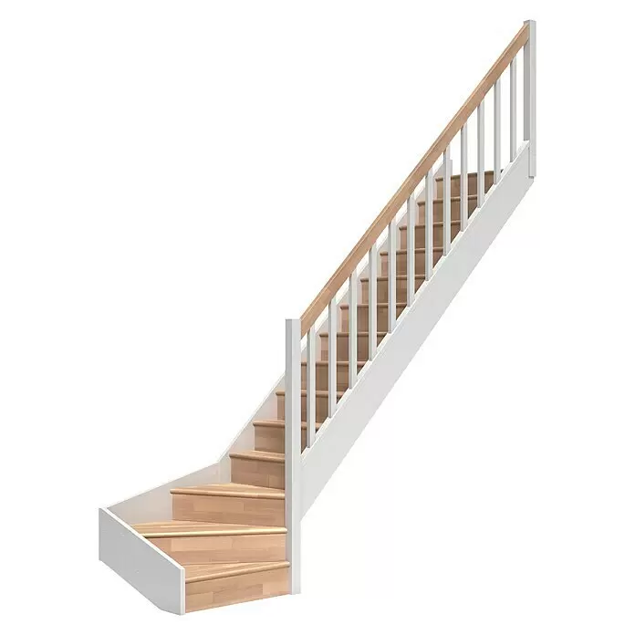 Dolle Raumspartreppe Paris - Breite: 83,5 mm, Buche, Lackiert, Geschosshöhe: 318 cm, 1/4-gewendelt rechts, Rechteckstäbe Holz, Mit Setzstufen - Moderne Treppe mit hellen Holzstufen und Handlauf, weißen Balustern und Wangen.