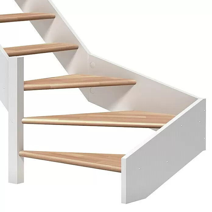 Dolle Raumspartreppe Paris - Breite: 83,5 mm, Buche, Lackiert, Geschosshöhe: 318 cm, 1/4-gewendelt links, Rechteckstäbe Holz, Ohne Setzstufen - Kompakte Treppe mit weißem Gestell und hellen Holzstufen.