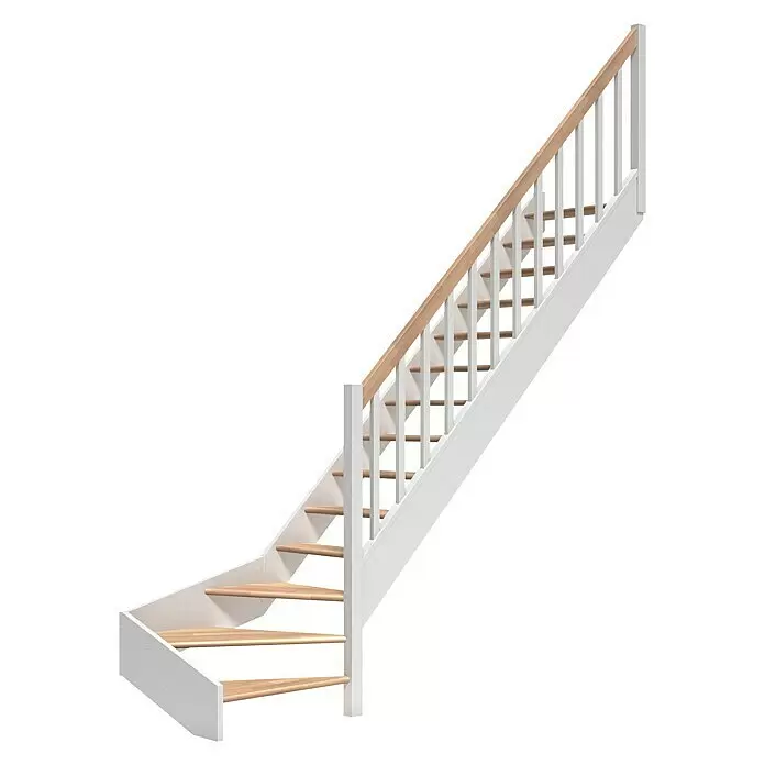 Dolle Raumspartreppe Paris - Breite: 83,5 mm, Buche, Lackiert, Geschosshöhe: 318 cm, 1/4-gewendelt rechts, Rechteckstäbe Holz, Ohne Setzstufen - Weiße Treppe mit hellen Holzstufen und Handlauf.