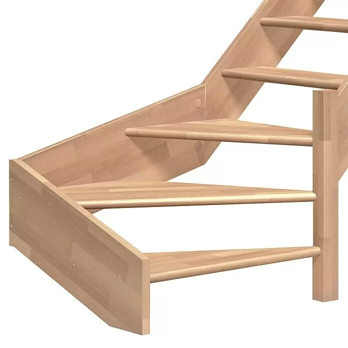Dolle Raumspartreppe Paris - Breite: 83,5 mm, Buche, Unbehandelt, Geschosshöhe: 318 cm, 1/4-gewendelt rechts, Rechteckstäbe Holz, Ohne Setzstufen - Raumsparende Treppe aus hellem Holz mit Wechselstufen.