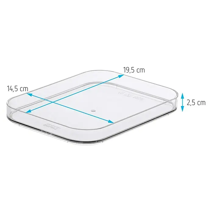 SmartStore Deckel Compact - L x B x H: 19,5 x 14,5 x 2,5 cm, Kunststoff, Transparent - Abgebildet ist eine durchsichtige Kunststoffschale mit abgerundeten Ecken und Maßangaben (14,5 cm, 19,5 cm, 2,5 cm) für die Produktbeschreibung.