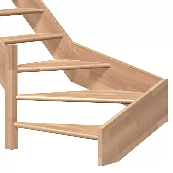 Dolle Raumspartreppe Paris - Breite: 83,5 mm, Buche, Unbehandelt, Geschosshöhe: 318 cm, 1/4-gewendelt links, Rechteckstäbe Holz, Ohne Setzstufen - Abschnitt einer offenen Holztreppe aus hellem Holz.