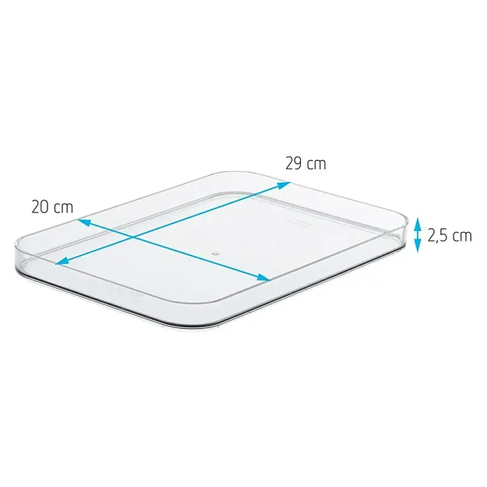 SmartStore Deckel Compact - L x B x H: 29 x 20 x 2,5 cm, Kunststoff, Transparent - Produktabbildung einer durchsichtigen Kunststoffschale mit abgerundeten Ecken und den Maßen 29 cm x 20 cm x 2,5 cm.