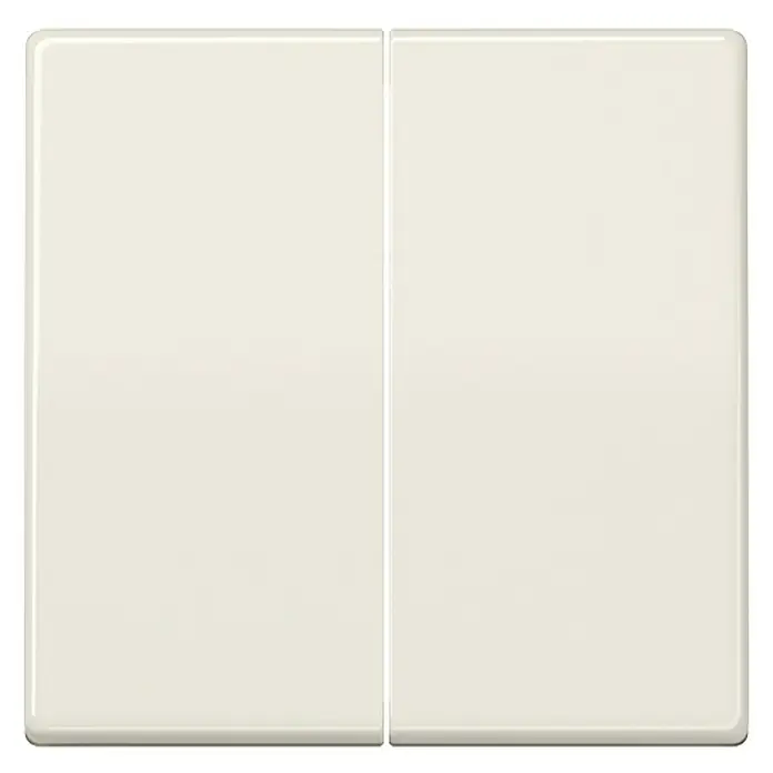 Jung AS 500 Serienschalterwippe AS591-5 - Weiß, Kunststoff, IP20 - Zwei cremefarbene Lichtschalterabdeckungen nebeneinander, die eine moderne und minimalistische Ästhetik für jedes Zuhause bieten.