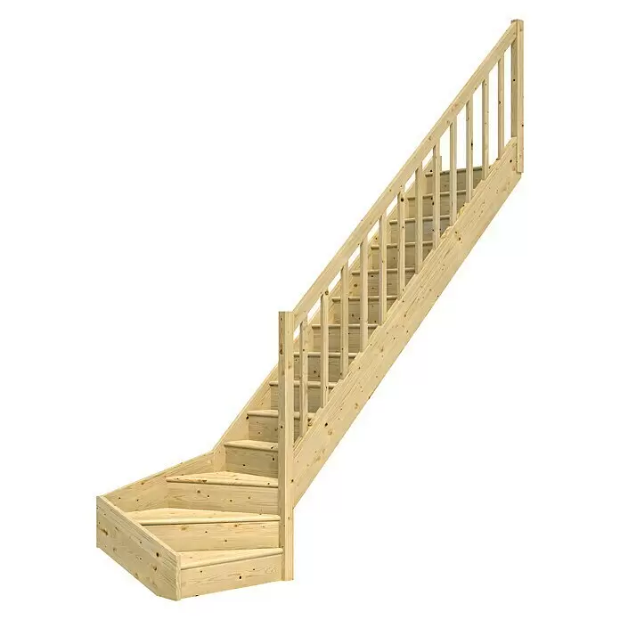 Dolle Raumspartreppe Paris - Breite: 83,5 mm, Fichte, Unbehandelt, Geschosshöhe: 318 cm, 1/4-gewendelt rechts, Rechteckstäbe Holz, Mit Setzstufen - Treppe aus hellem Holz mit Viertelpodest und vollständigem Geländer.