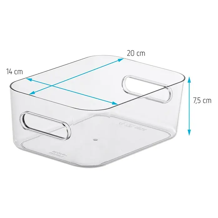 SmartStore Aufbewahrungsbox Compact - L x B x H: 20 x 14 x 7,5 cm, Kunststoff, Transparent - Transparenter Aufbewahrungsbehälter mit Griffen und Maßangaben: 20 cm Länge, 14 cm Breite, 7,5 cm Höhe. Praktische Aufbewahrungslösung.