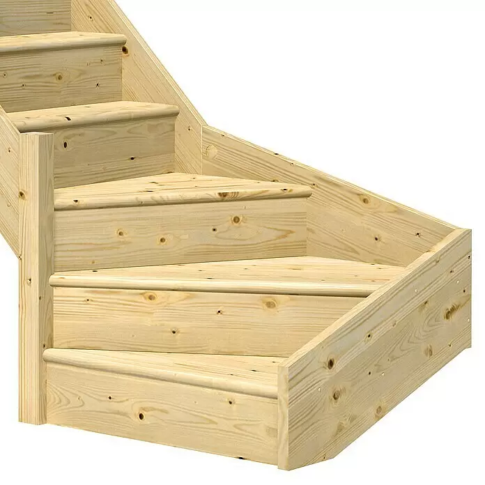 Dolle Raumspartreppe Paris - Breite: 83,5 mm, Fichte, Unbehandelt, Geschosshöhe: 318 cm, 1/4-gewendelt links, Edelstahlstäbe, Mit Setzstufen - Ecktreppe aus hellem Naturkiefernholz mit Maserung und Ästen.