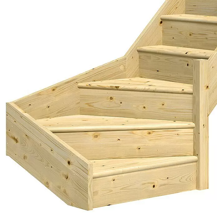 Dolle Raumspartreppe Paris - Breite: 83,5 mm, Fichte, Natur, Unbehandelt, Geschosshöhe: 318 cm, 1/4-gewendelt rechts, Rechteckstäbe Holz, Mit Setzstufen - Detailaufnahme