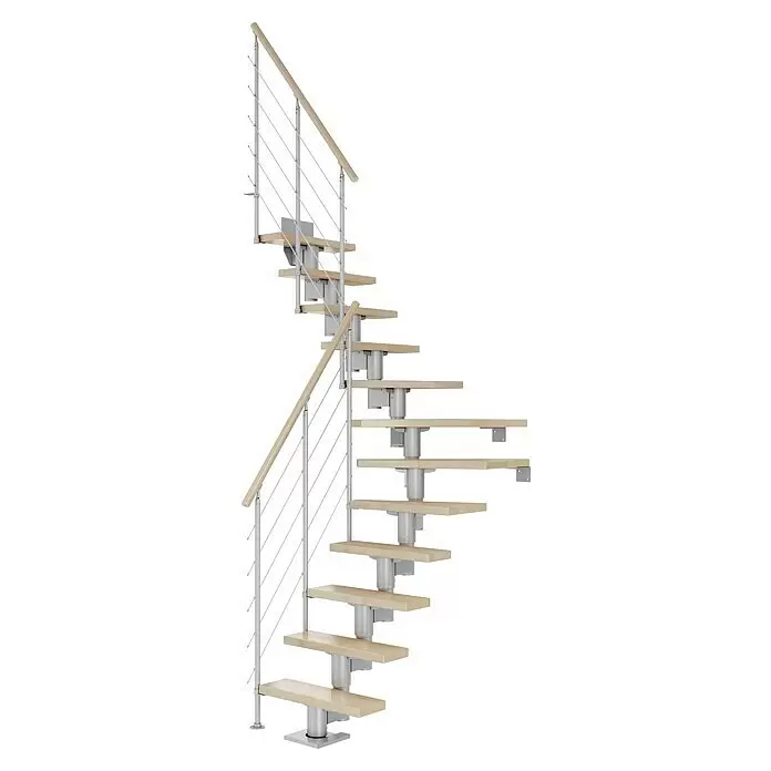 Dolle Mittelholmtreppe Dublin - Breite: 65 cm, Perlgrau, 1/4-gewendelt, Farbe Stufen: Buche Natur, Geschosshöhe: 259 cm - 315 cm, Edelstahlgeländer - Moderne Wendeltreppe mit hellen Holzstufen, silbernem Metallrahmen und Holzhandlauf.