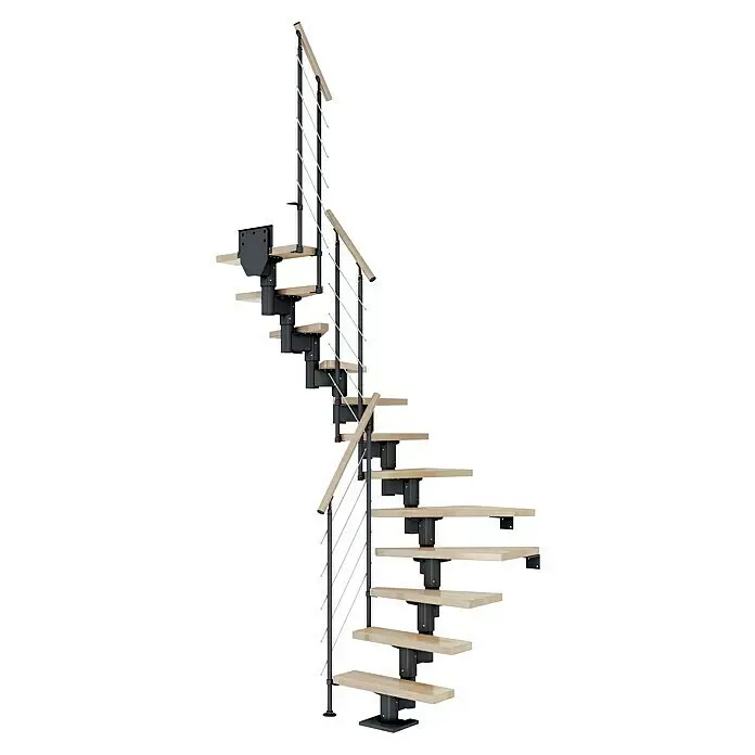 Dolle Mittelholmtreppe Dublin - Breite: 65 cm, Anthrazitgrau, 1/2-gewendelt, Farbe Stufen: Buche Natur, Geschosshöhe: 278 cm - 337 cm, Edelstahlgeländer - Kompakte Modultreppe mit hellen Holzstufen, dunkelgrauem Metallrahmen und Holzhandlauf mit Seilgeländer.