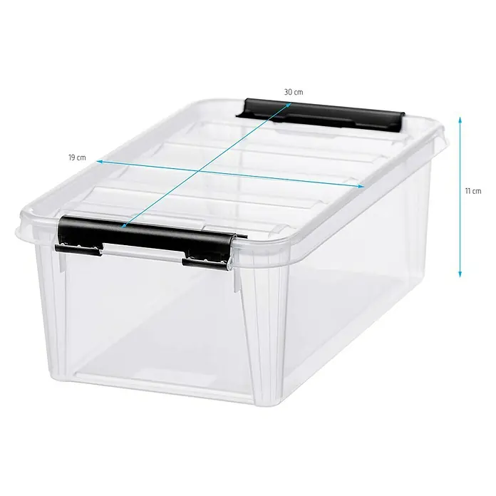 SmartStore Aufbewahrungsbox Classic 4 - L x B x H: 30 x 19 x 11 cm, Kunststoff, Transparent - Transparente Kunststoffbox mit schwarzen Verschlüssen und den Maßen 30 x 19 x 11 cm zur Aufbewahrung.