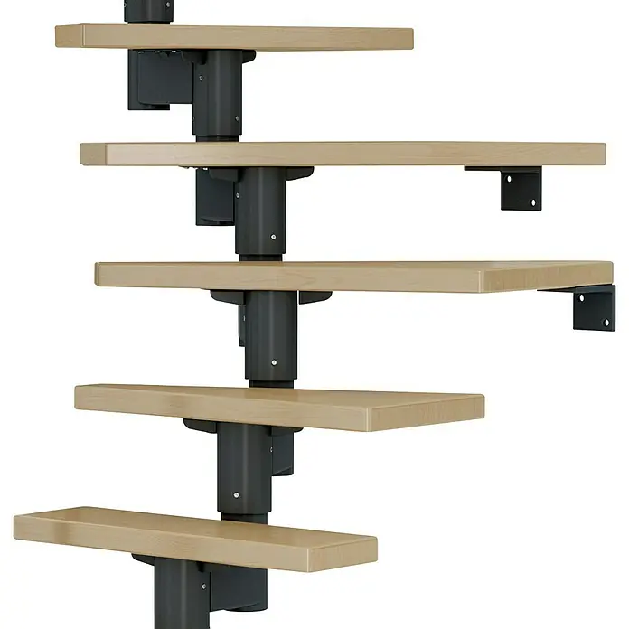 Dolle Mittelholmtreppe DublinBreite: 65 cm, Anthrazitgrau, 1/4-gewendelt, Farbe Stufen: Ahorn Natur, Geschosshöhe: 259 cm - 315 cm, Edelstahlgeländer - Freitragende Treppe mit hellem Holz und dunklen Metallelementen, die ein modernes und minimalistisches Design bietet.
