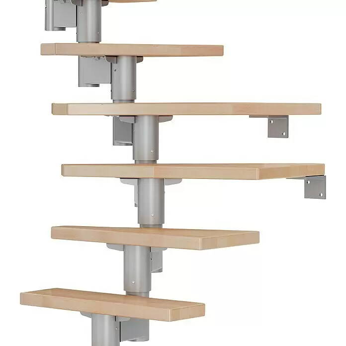 Dolle Mittelholmtreppe Dublin - Breite: 65 cm, Perlgrau, 1/4-gewendelt, Farbe Stufen: Buche Natur, Geschosshöhe: 240 cm - 292 cm, Einzelstabgeländer - Wendeltreppe mit hellen Holzstufen und einer silbernen Metallsäule.