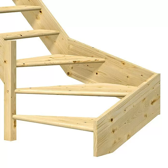Dolle Raumspartreppe Paris - Breite: 83,5 mm, Fichte, Unbehandelt, Geschosshöhe: 318 cm, 1/4-gewendelt links, Edelstahlstäbe, Ohne Setzstufen - Treppe aus hellem Naturholz mit Stufen und einem einfachen Holzgeländer.