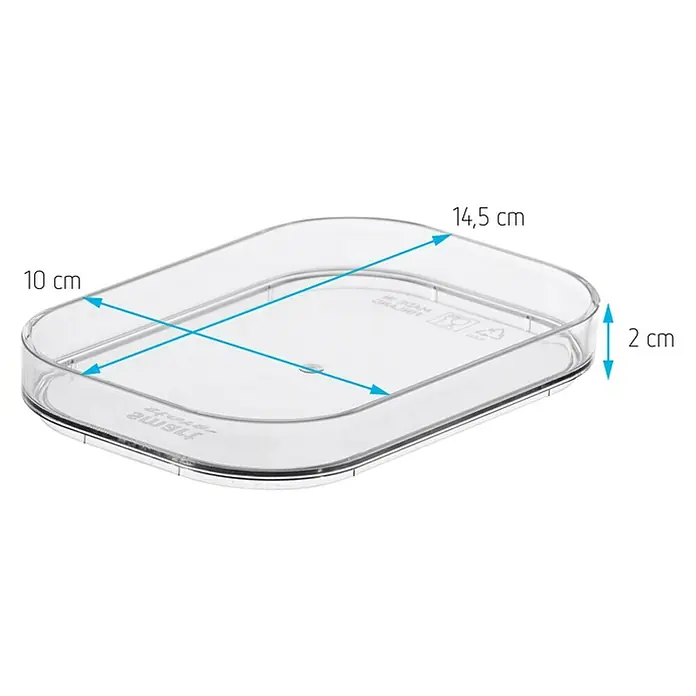 SmartStore Deckel Compact - L x B x H: 14,5 x 10 x 2 cm, Kunststoff, Transparent - Abbildung einer transparenten rechteckigen Aufbewahrungsbox mit abgerundeten Ecken und den Maßen 10 x 14,5 x 2 cm.
