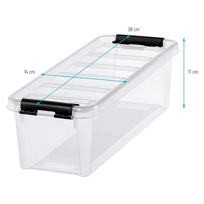 SmartStore Aufbewahrungsbox Classic 3,5 - L x B x H: 38 x 14 x 11 cm, Kunststoff, Transparent - Abbildung einer transparenten Aufbewahrungsbox mit den Maßen 38 cm x 14 cm x 11 cm.