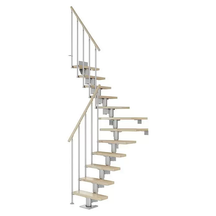 Dolle Mittelholmtreppe Dublin - Breite: 75 cm, Perlgrau, 1/4-gewendelt, Farbe Stufen: Buche Natur, Geschosshöhe: 259 cm - 315 cm, Einzelstabgeländer - Moderne Wendeltreppe mit hellen Holzstufen und Handlauf, getragen von silbernen Metallgeländern.