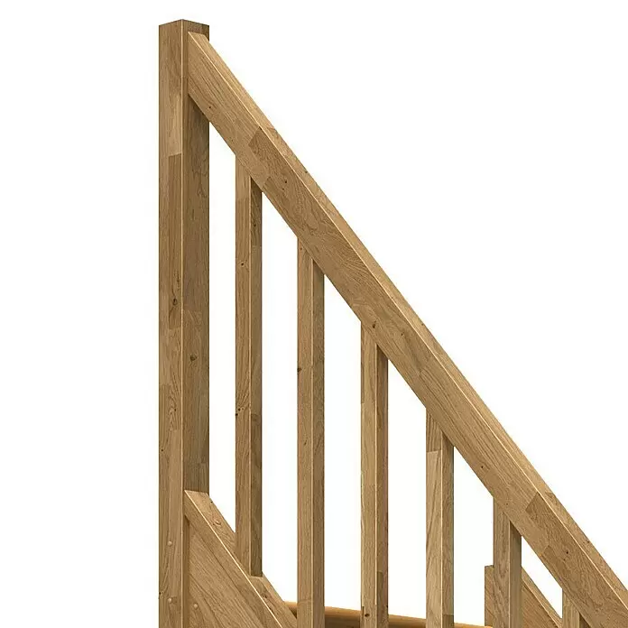 Dolle Raumspartreppe Paris - Breite: 83,5 mm, Eiche, Natur, Lackiert, Geschosshöhe: 318 cm, 1/4-gewendelt rechts, Rechteckstäbe Holz, Mit Setzstufen - Balustrade aus Naturholz für Treppen, mit Pfosten, Handlauf und vertikalen Geländerstäben.