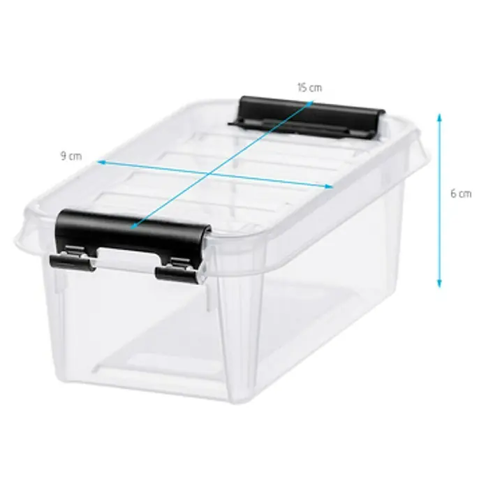 SmartStore Aufbewahrungsbox Classic 0,3 - L x B x H: 15 x 9 x 6 cm, Kunststoff, Transparent - Abbildung einer durchsichtigen Kunststoffbox mit den Maßen 15 x 9 x 6 cm, ideal zur Aufbewahrung verschiedener Gegenstände.